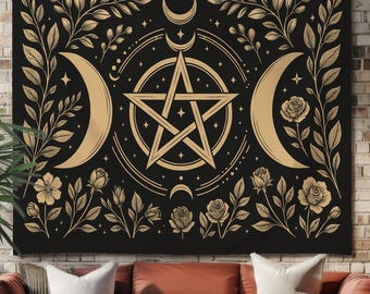 Pentagram Tapestry with Triple Moon and Floral Design – Witchy Occult Wall Decor for Altar, Meditation Room or Boho Gothic Witch Gift