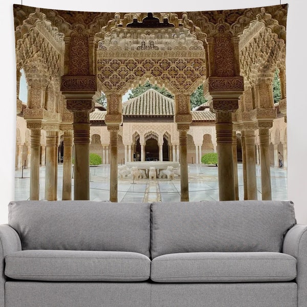 Architecture Wall Tapestry, Alhambra Granada Tapestry - Luxurious Wall Hanging, Moorish Art Palace View, Andalusian Historical Decor