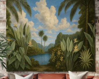 Tapiz de pared tropical vintage, tapiz de pared con palmeras y motivos de la selva, arte de pared botánico exótico, decoración retro de paisaje natural, estilo bohemio verde