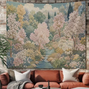 Pastellfärgad skogslandskapsgobeläng Vintage blommig skogsväggkonst Cottagecore natur väggbonad drömsk trädgårdsdekor