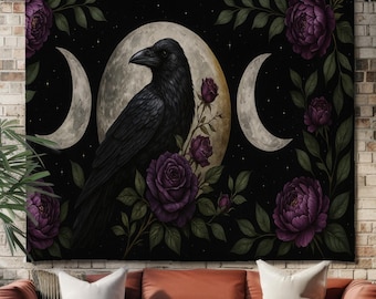 Tapiz de Triple Luna de Cuervo con Rosas Moradas: Arte de pared de bruja gótica para altar, decoración wiccana de estética oscura, don espiritual oculto