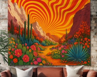 Tapiz de pared del desierto del suroeste con puesta de sol psicodélica y coloridas flores de cactus: decoración bohemia para el hogar con un toque de sala de estar.
