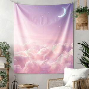 Pink Cloud Tapestry, Dreamy Moonlit Sky Wall Hanging, Kawaii Pastel Aesthetic Decor, Soft Celestial Room Accent, Large Fairycore Bedroom