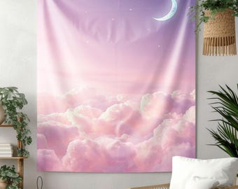Roze wolktapijt, dromerige maanverlichte hemelmuur, kawaii pastel esthetisch decor, zacht hemels kameraccent, grote fairycore-slaapkamer