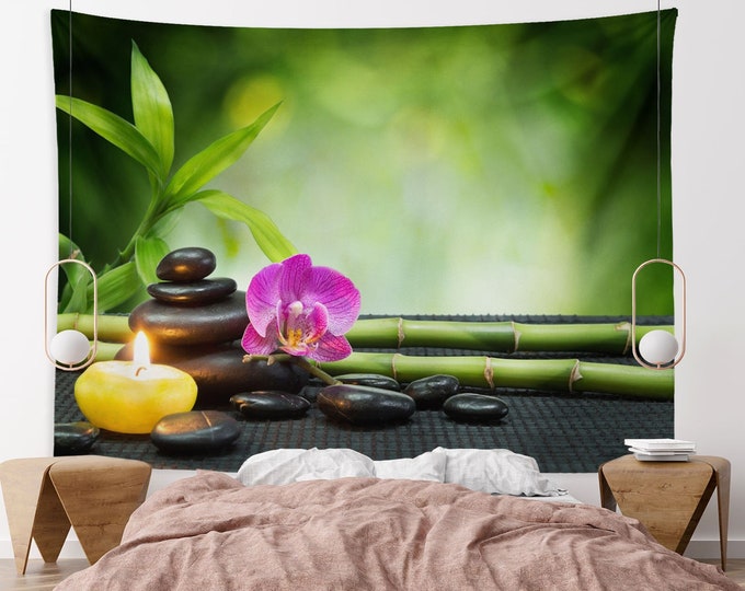 Zen Tapestry Orchid and Green Bamboo Wall Hanging Tapestry Japanese Garden Wall Tapestry for Living Room Bedroom Dorm Wall Decor