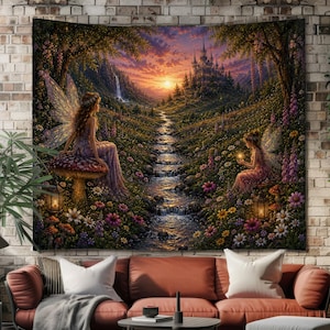 Feengarten Tapisserie Verzauberter Wald Wandbehang Fantasy Schloss Fairycore Cottagecore Magische Natur Dekoration