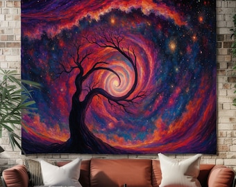 Galaxy Spiral Tree Tapestry Cosmic Space Art Psychedelic Night Sky Wall Decor