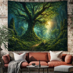 May include: A large tapestry showing a vivid forest scene with a huge, moss-covered tree as the main feature. The artwork has rich greenery, a path leading into the distance, and a warm, golden light filtering through the trees. The tapestry is displayed on a brick wall.