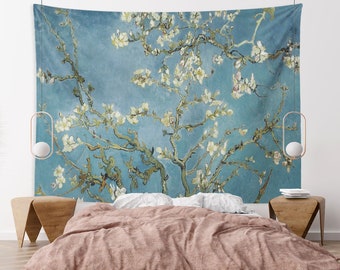 Van Gogh Almond Blossom Tapestry Floral Blue Wall Art Tapestry Decor Bedroom Dorm, Modern Art Wall Hanging Tapestries Large