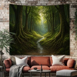May include: A large tapestry depicting a lush forest scene with a winding path. The artwork features tall trees, moss-covered roots, and a stream of water. The tapestry is hanging on a brick wall above a red sofa.