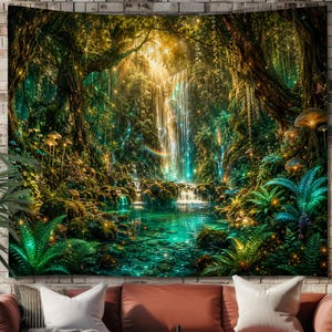 May include: A wall tapestry featuring a vibrant forest scene with a cascading waterfall, a turquoise pool, lush green ferns, and glowing golden light filtering through the trees. The artwork displays detailed mossy rocks and mushrooms.