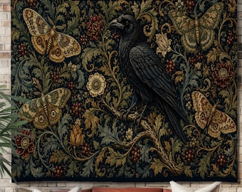 May include: A rectangular wall tapestry featuring a dark, intricate botanical pattern with a central black raven perched on a branch, surrounded by four detailed moths and various floral elements in shades of gold, rust, and deep green.