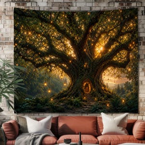May include: A large rectangular wall tapestry featuring a sprawling ancient tree with a glowing arched doorway at its base, illuminated by numerous hanging golden lanterns, set against a backdrop of a misty forest landscape at sunset.