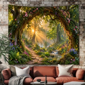 May include: A rectangular wall tapestry featuring a vibrant forest scene with a large, arched tree trunk opening that frames a sunlit path, a small stream, lush green foliage, and colourful flowers, all rendered in a detailed, painterly style.