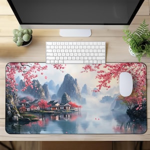 Cherry Blossom Desk Mat with Scenic Asian Landscape, Large Mouse Pad for Home Office Decor, Non-Slip Gaming Desk Pad with Unique Art Design