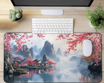 Cherry Blossom Desk Mat with Scenic Asian Landscape, Large Mouse Pad for Home Office Decor, Non-Slip Gaming Pad Unique Art Design