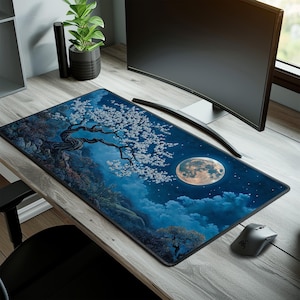 Cherry Blossom Desk Mat, Large Moonlit Mouse Pad, Japanese Art Gaming Mat, Extra Large Desk Pad, Aesthetic Nature Desk Decor