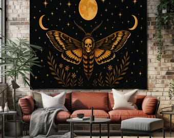Death’s-Head Hawkmoth Tapestry – Gothic Moth Wall Art with Full Moon & Stars – Witchy Skull Insect Decor for Boho, Occult, or Dark Aesthetic