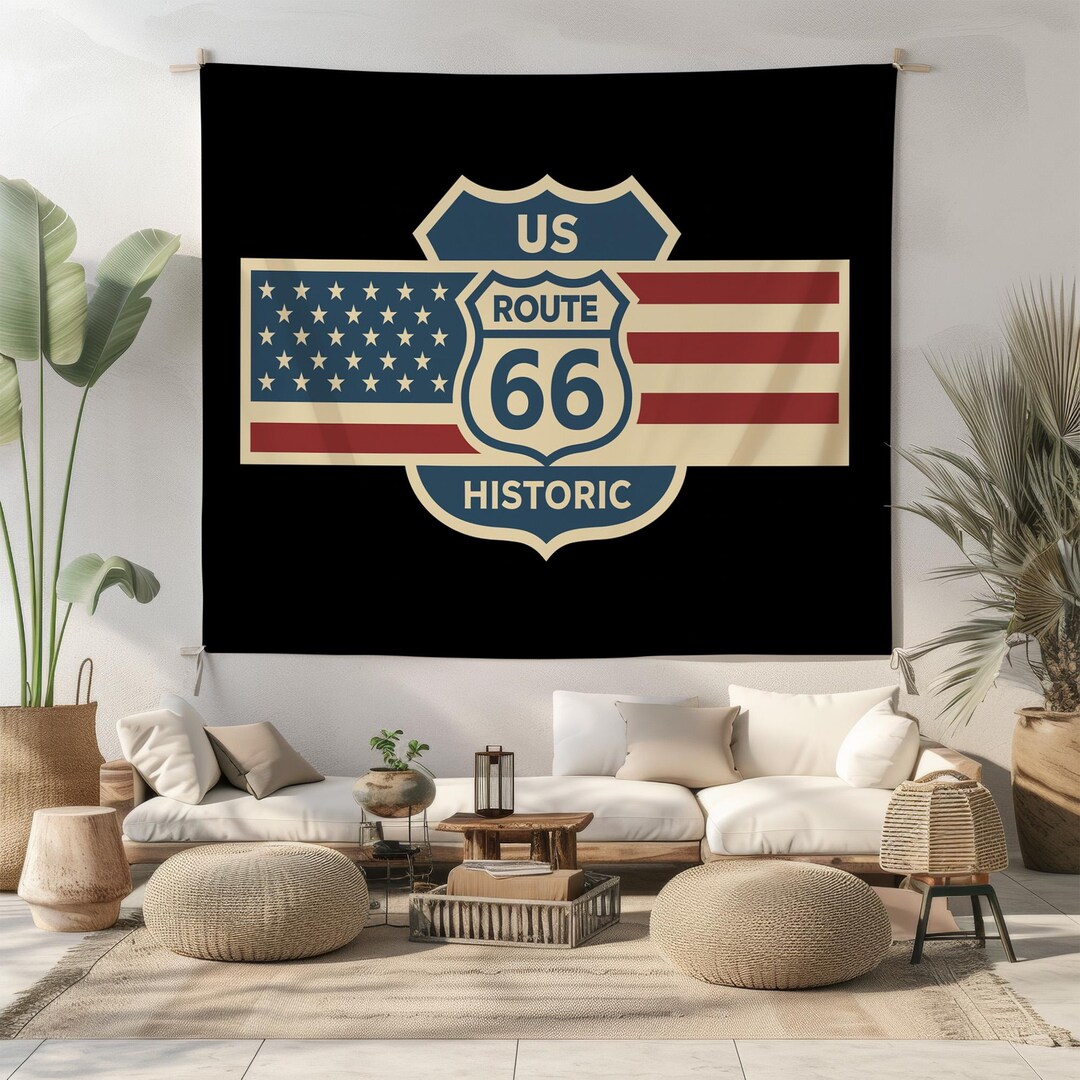 Vintage Route 66 Tapestry Wall Hanging – Retro American Flag Road Trip ...