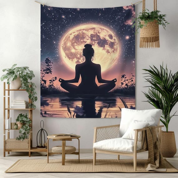 Meditation Wall Hanging Tapestry With Full Moon, Yoga Silhouette