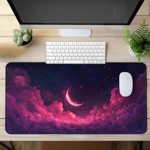 Celestial Night Sky Gaming Mouse Pad XL, Pink Cloud Crescent Moon Desk Mat, Aesthetic Extended Mousepad, Starry Cosmic Gift