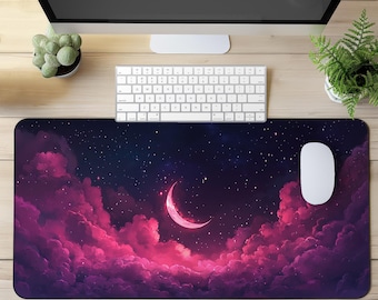 Tappetino per mouse da gioco Celestial Night Sky XL, tappetino da scrivania con luna crescente e nuvola rosa, tappetino per mouse esteso estetico, regalo cosmico stellato