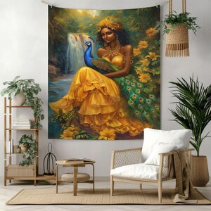 Goddess Oshun Wall Hanging Tapestry, African Goddess Tapestries, Boho Spiritual Decor, Vibrant Peacock Art Wall Hanging, Bedroom Living Room