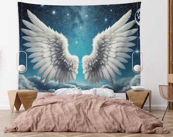 Angel Wings Wall Hanging Tapestry, Ethereal Starry Night Tapestries, Celestial Bedroom Decor, Spiritual Boho Wall Hanging Dreamy Angel Decor