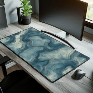 Large Desk Mat, Abstract Topographic Mouse Pad, Extra Large Gaming Mat, Minimalist Desk Decor, Blue Desk Pad, Office Gift for Him