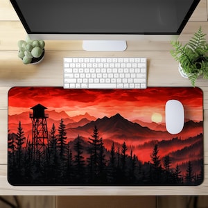 May include: A red sunset over a mountain range with a tall tower in the foreground. The tower is made of wood and has a metal roof. The mountains are covered in trees and the sky is a vibrant red and orange.