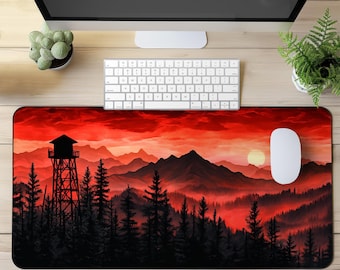 Firewatch Tower Gaming Mouse Pad XL, Mountain Forest Desk Mat, Sunset Silhouette Extended Mousepad, Nature-Themed Desk Setup