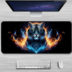 Fiery Tiger Desk Mat XXL, Big Gaming Mouse Pad, Artistic Large Mousepad, Glowing Tiger Office Desk Mat, Vibrant Desk Accessory