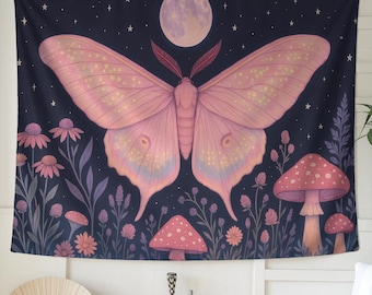 Pink Moth Tapestry Wall Art | Magical Cottagecore Kawaii Decor with Mushrooms and Moon, Soft Whimsy for Bedroom or Dorm Gift