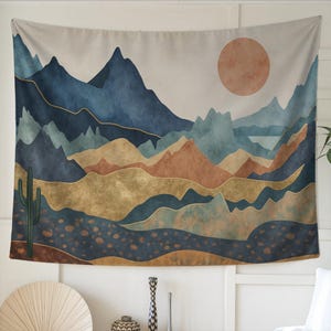 Desert Mountain Tapestry Wall Art | Abstract Boho Landscape with Earth Tones, Cactus and Sun, Modern Minimalist Nature Decor for Bedroom