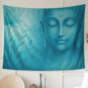 Blue Buddha Wall Tapestry with Lotus Flower | Zen Spiritual Decor for Meditation Room, Yoga Space, or Calming Home Retreat Vibes