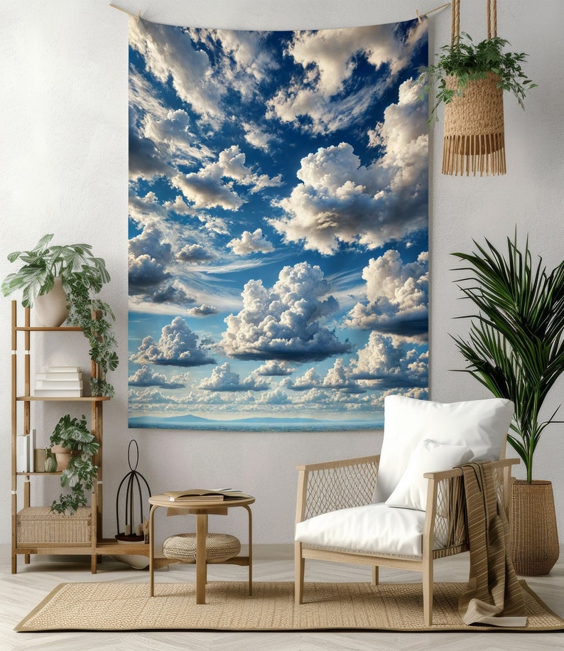 Cloudy Sky Tapestry - Blue Sky and Clouds Wall Hanging - Nature Landscape Tapestries for Living Room Decor - Serene Art Tapestry