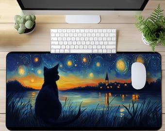 Starry Night Cat Gaming Desk Mat XXL, Large Mousepad with Van Gogh-Inspired Design, Big Gaming Mouse Pad, Unique Desk Decor for Cat Lovers