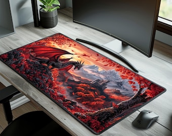 Dragon Desk Mat, Large Fantasy Mouse Pad, Medieval Castle Gaming Mat, Extra Large Desk Pad, Mythical Creature Desk Decor, Gift for Gamers