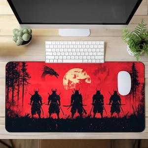 Samurai Gaming Mouse Pad, XL Desk Mat With Red Warrior Design, Japanese Aesthetic Mousepad, Extended Large Desk Mat, Gift For Gamers