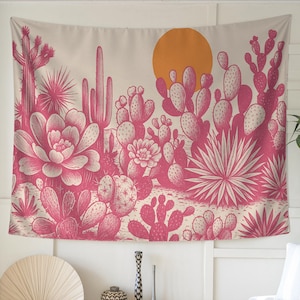 Roze cactus woestijn wandtapijt muurkunst | Uitdagend zuidwestelijk boho-decor met oranje zon, sappige botanische print voor slaapkamer of woonkamer