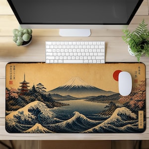 Alfombrilla de escritorio japonesa con el Monte Fuji – Alfombrilla de ratón vintage Ukiyo-e, alfombrilla de escritorio con diseño de sakura y pagoda, decoración de oficina zen, paisaje asiático