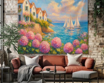 May include: A tapestry depicting a coastal scene with white buildings, orange roofs, and pink flowers. Sailboats glide on the turquoise water under a blue sky with fluffy clouds. The artwork is displayed on a brick wall above a red sofa.