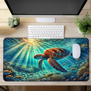 May include: A colorful mousepad featuring a vibrant underwater scene with a large sea turtle swimming through the water. The turtle is orange, red, and brown with a green shell. The background is a blue and green ocean with sunbeams shining through the water.