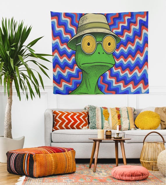 Trippy Frog Tapestry With Hypnotic Spiral Glasses – Psychedelic