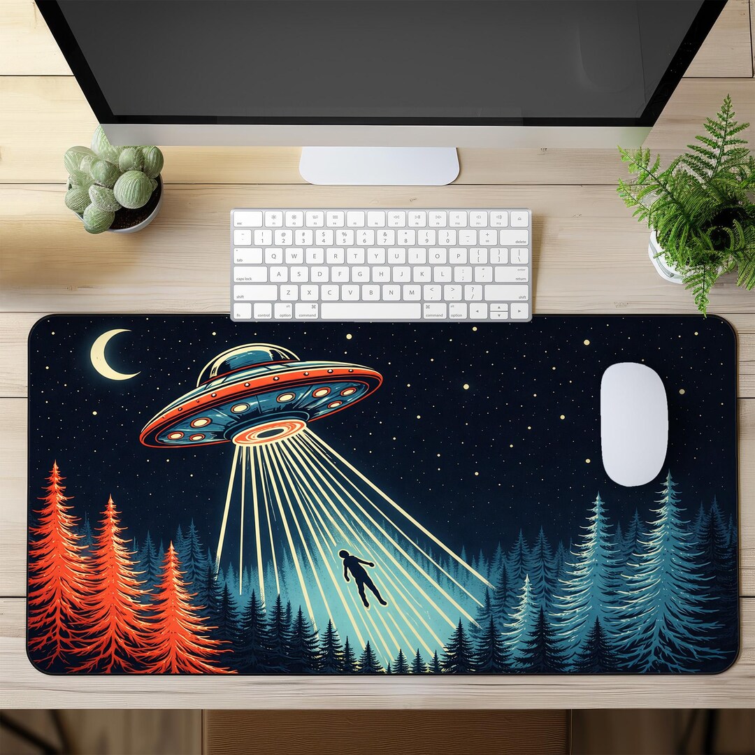 UFO Desk Mat – Alien Abduction Mouse Pad, Retro Space Extended Desk Pad ...