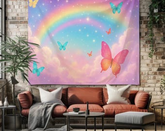 Kawaii-wandtapijt regenboogvlinder – pastelkleurige hemelmuurkunst met glitters en wolken, schattig Dreamcore-kamerdecor voor meisjes, tieners of slaapzaal