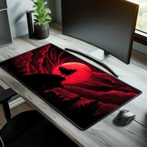 Samurai Gaming Desk Pad, XXL Desk Mat With Blood Red Moon, Dark Aesthetic Mousepad, Large Extended Mouse Mat, Gift For Gamers