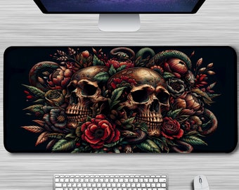 Skull and Snakes Desk Mat, Gothic Mousepad - Big Gaming XXL Desk Pad - Large Goth Computer Mouse Pad for Gamers