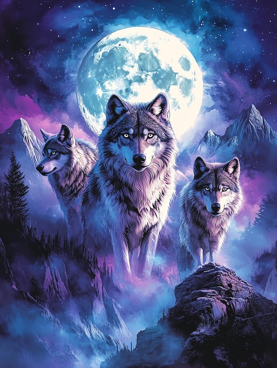Wolf Pack Tapestry Wall Hanging - Majestic Wolves Under Full Moon