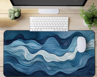 Large Desk Mat With Abstract Wave Print, Blue Aesthetic Mouse Pad For Office Gaming Desk Pad Oversized Modern Desk Decor Gift For Him Or Her